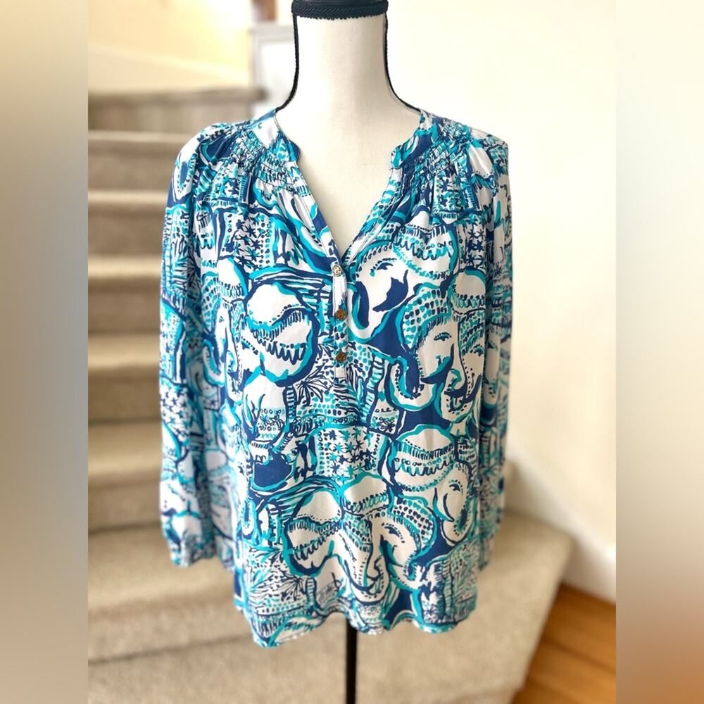 Lilly Pulitzer Elsa Keep On Trunkin Blue & White Elephant Silk Blouse